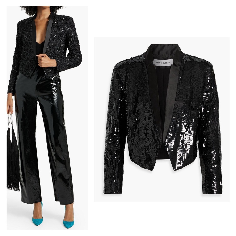 VERONICA BEARD Delony blazer jacket black sequin size 10 open front cropped NWT